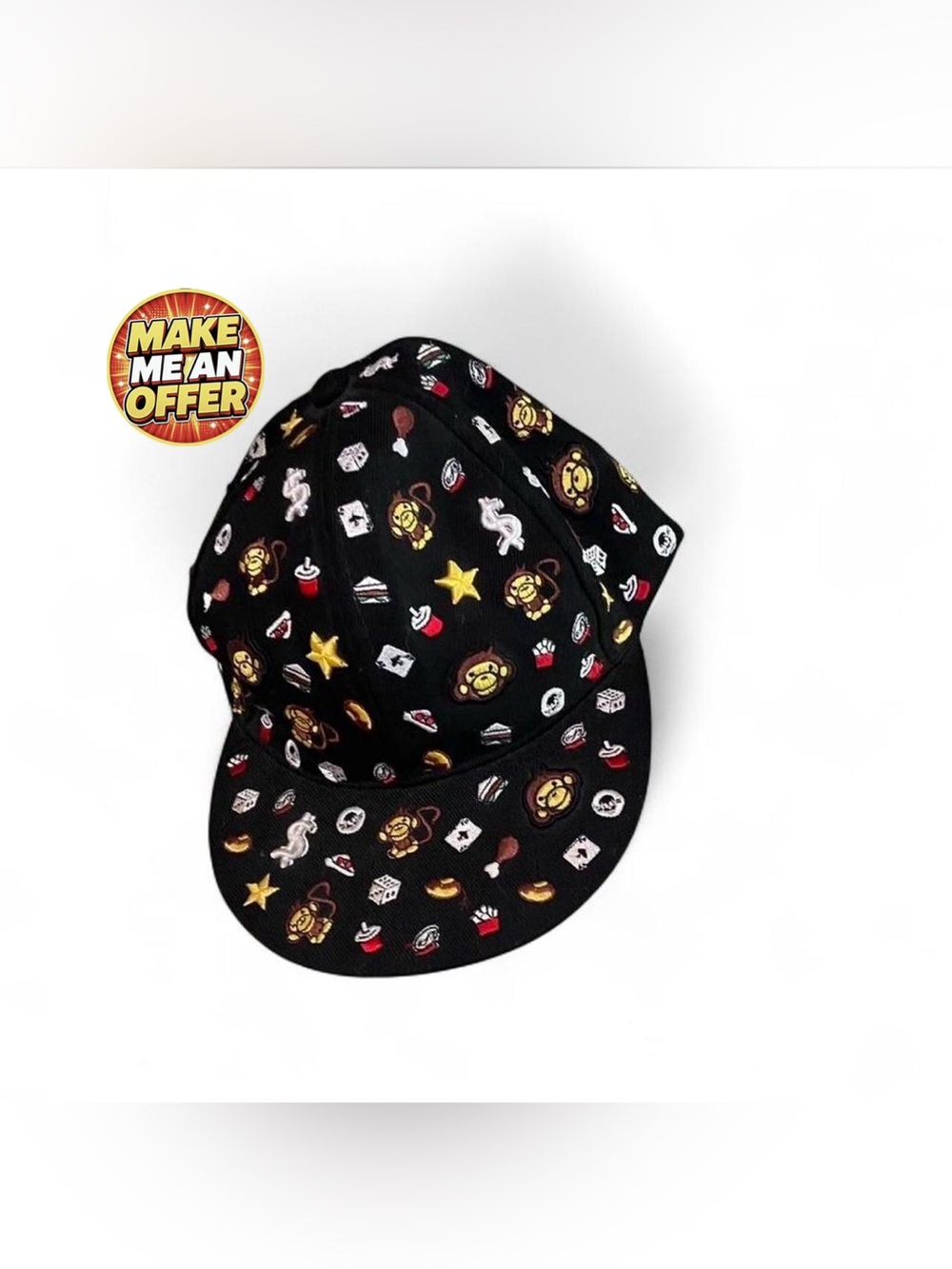 Black Fitted Baseball Cap With Embroidered Monkeys, Stars, Games & Food -SZ: M